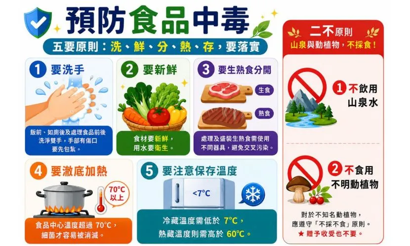 多數風險來自保存不當與加熱不足,遵守「5要2不」,降低食物中毒風險。圖片來源 / 食藥署