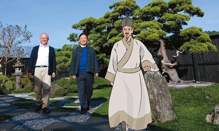 《康健》曾邀請吳明賢(左)與國學大師辛意雲(中)對談,探討蘇東坡(右)的人生哲學。 圖片來源 / 陳德信攝、鄭佳玲繪
