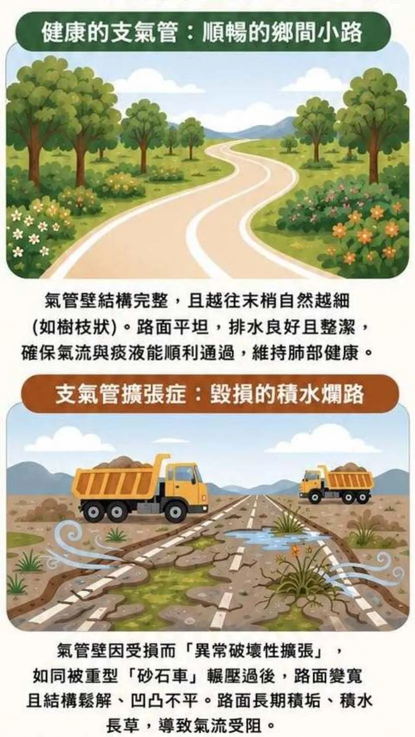 支氣管擴張症就像被輾壓拓寬後的積水爛路,結構鬆散、凹凸不平,長期下來容易積痰、滋生細菌,並反覆感染、發炎。圖片來源 / 擷取自臉書粉絲專頁「呼吸鯨站|支氣管擴張症及分枝桿菌肺病」